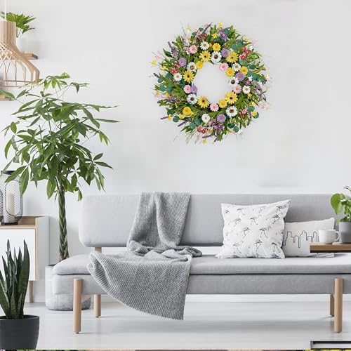 22 Inch Artificial Spring Wreath with Yellow Daisies and Green Eucalyptus Leaves