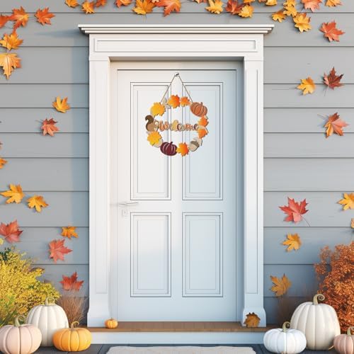 Fall Door Decor Wooden Wreath with Welcome Sign