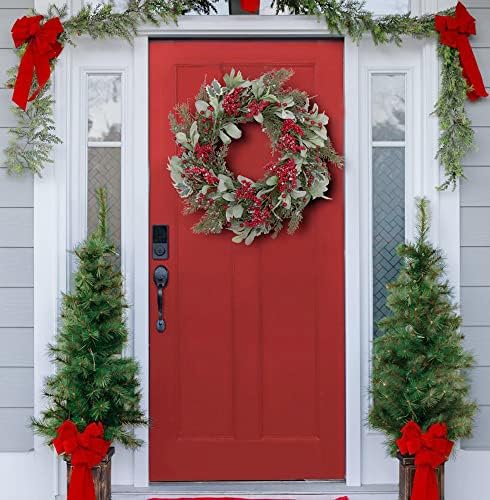20 Inch Artificial Christmas Wreath with Lambs Ear Leaves Snow and Red Berries