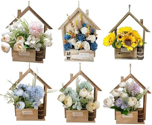 Wooden Door Hanging Basket with Silk Flowers and Ribbon Wreath
