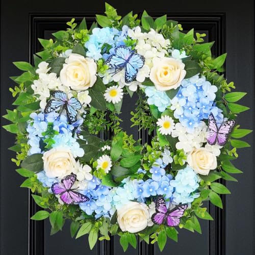 24 Inch Blue Hydrangea Wreath with Butterfly Lights Timer