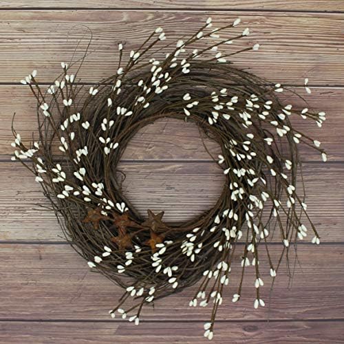 Primitives Rustic Wreath with Barn Stars and Berries 12 Inch Ivory