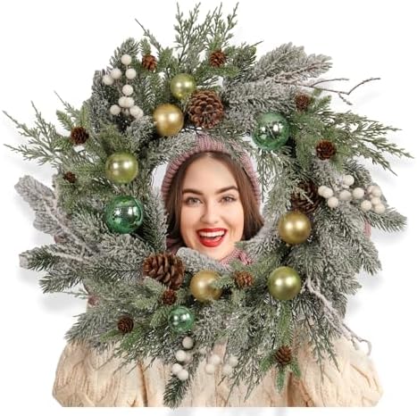 22-inch Snow Flocked Artificial Christmas Wreath with Gold Green Ornaments