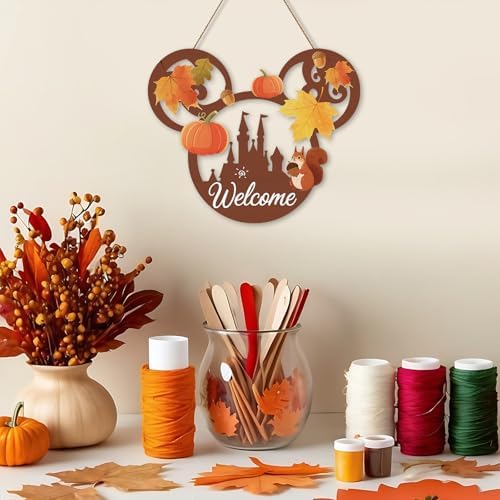 Welcome Fall Door Sign with Mouse Pumpkin Squirrel Hazelnut Maple Leaves