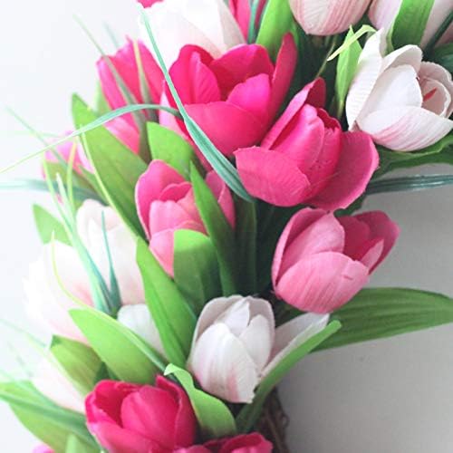 IUIBMI 20 Inches Artificial Door Wreath with Pink Tulips