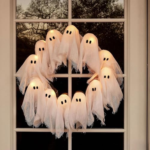 Lit Ghosts Wreath Halloween Decor Front Door