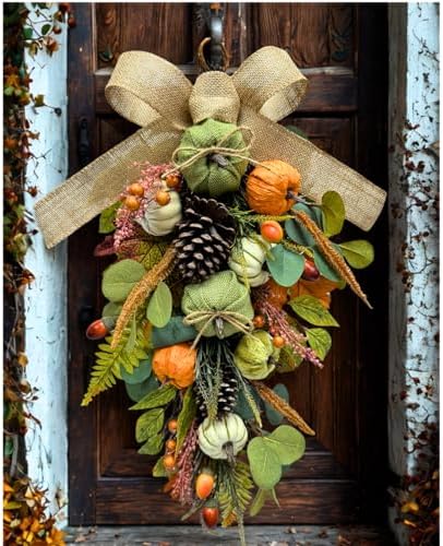 Harvest Teardrop Fall Wreath Decor with Pumpkins and Leaves