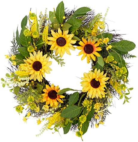 Puleo International 24 Inch Artificial Sunflower Door Wreath Green Yellow