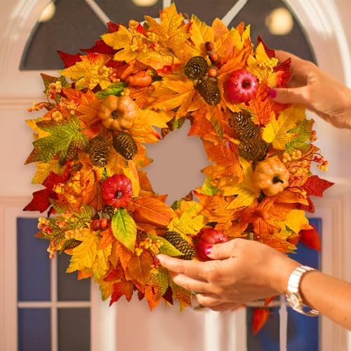 22 Inch Fall Wreath with Pumpkins and Pinecones