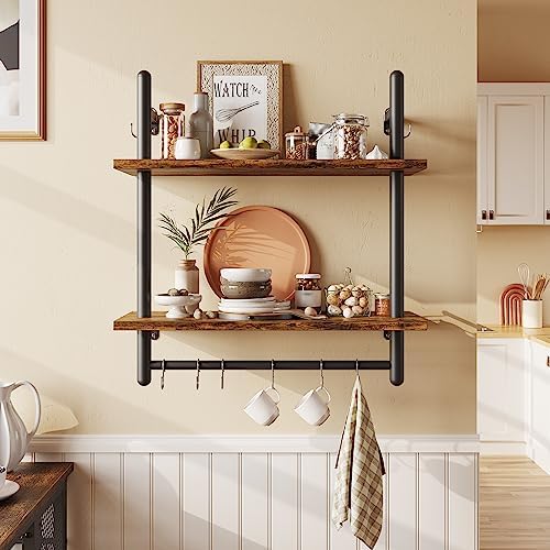 Bestier 24 Inch Floating Kitchen Shelves 2 Tier with 8 Hooks