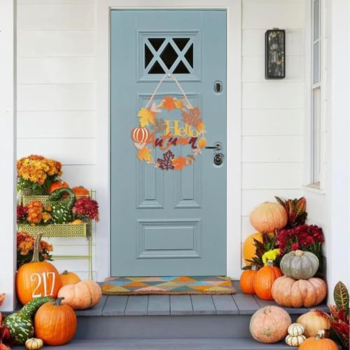 Hello Fall Sign Wooden Welcome Wreath for Front Door