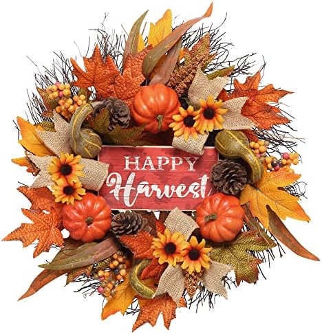 20 Inch Autumn Door Wreath with Burlap and Maple Leaves