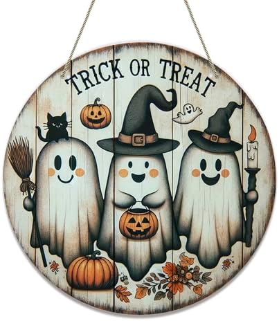 Spooky Halloween Door Sign with Ghost and Pumpkin Design