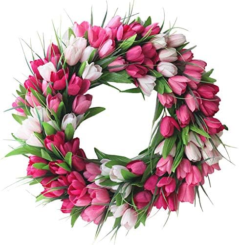 IUIBMI 20 Inches Artificial Door Wreath with Pink Tulips