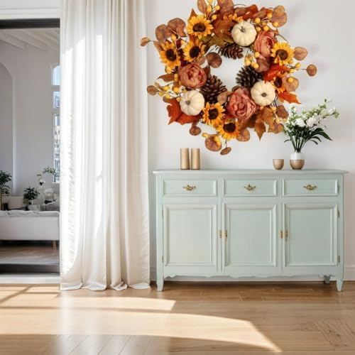 Pudate Artificial Fall Autumn Wreath 22 Inches