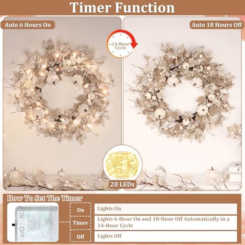 26 Inch Foldable Fall Wreath with Lights Timer