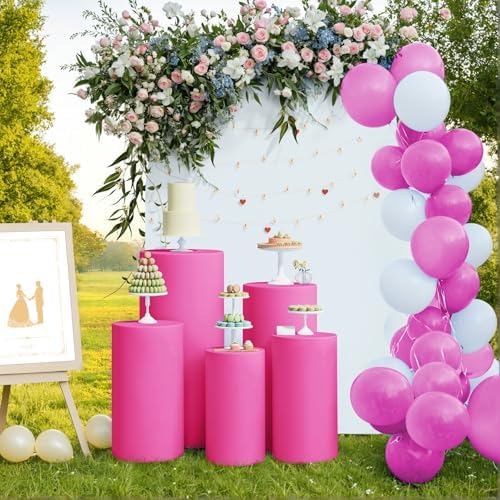 LEBENGURU 5Pcs Cylinder Pedestal Stand Covers Fushia Round Spandex