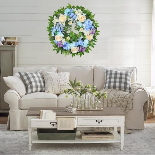 24 Inch Blue Hydrangea Wreath with Butterfly Lights Timer