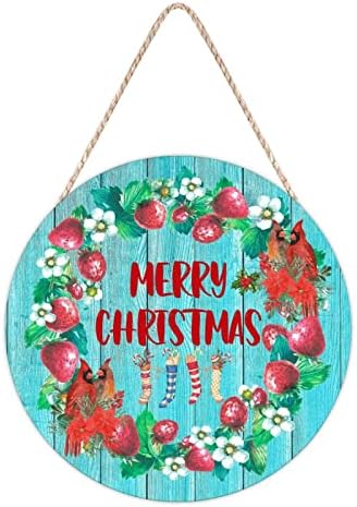 Farmhouse Front Door Hanger Red Birds Holly Wreath Christmas Wood Sign