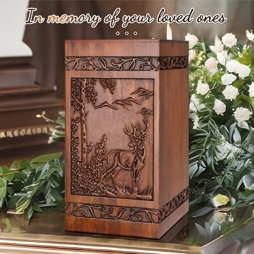 Wooden Cremation Urn with Engraved Deer Design