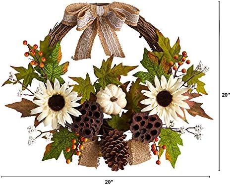 Nearly Natural 20in Autumn Sunflower Wreath with Bow
