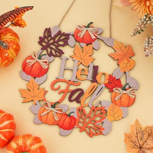 Aymolas Hello Fall Wreath Wooden Welcome Sign for Front Door