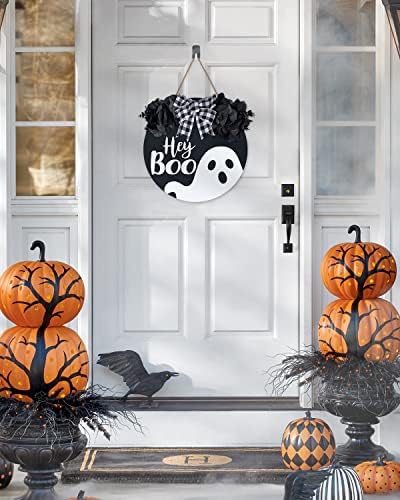 Black Halloween Wreath with Hey Boo Sign