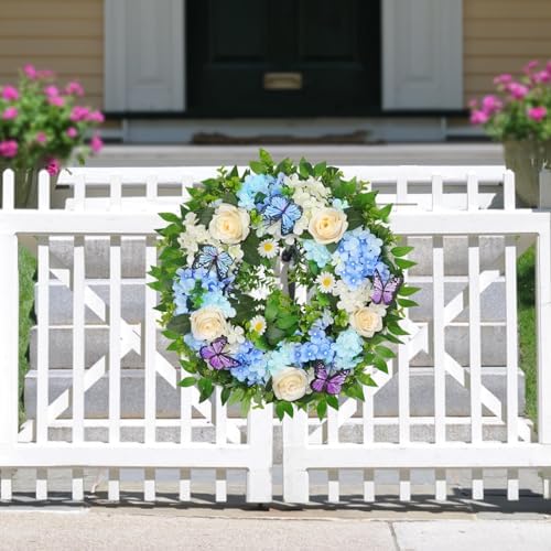 24 Inch Blue Hydrangea Wreath with Butterfly Lights Timer