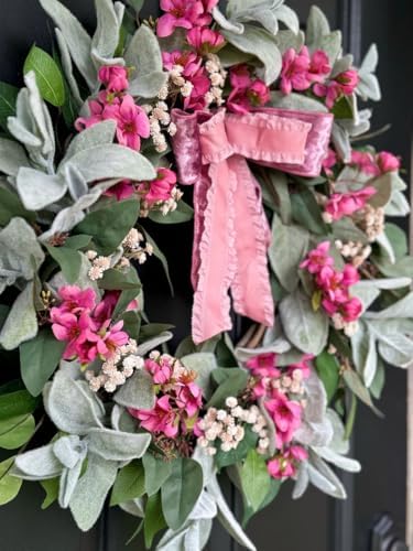 Romantic Lambs Ear Wreath for Front Door with Hot Pink Ribbon