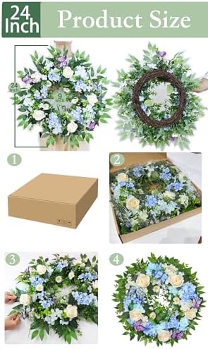 24 Inch Blue Hydrangea Wreath with Butterfly Lights Timer