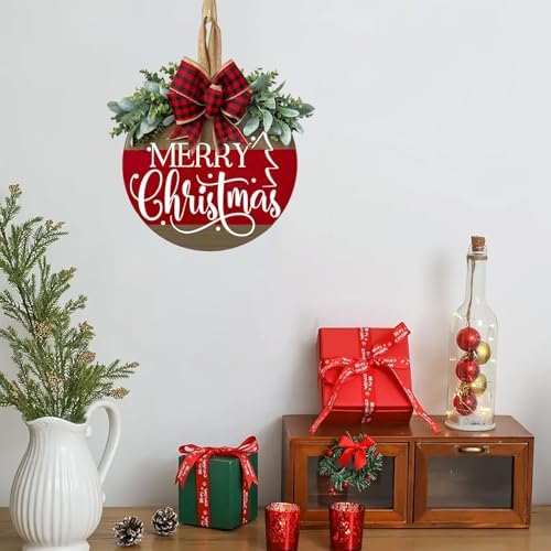 Red Plaid Christmas Welcome Door Sign with Deer and Snowflakes