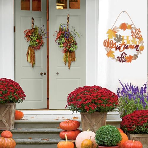 Hello Fall Sign Wooden Welcome Wreath for Front Door
