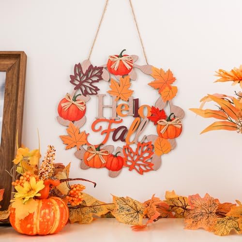 Aymolas Hello Fall Wreath Wooden Welcome Sign for Front Door