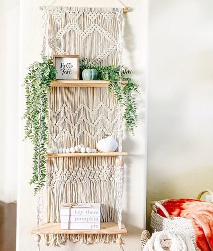 SnugLife 3 Tier Macrame Wall Shelf - Floating Plant Hanger with Pine Wood