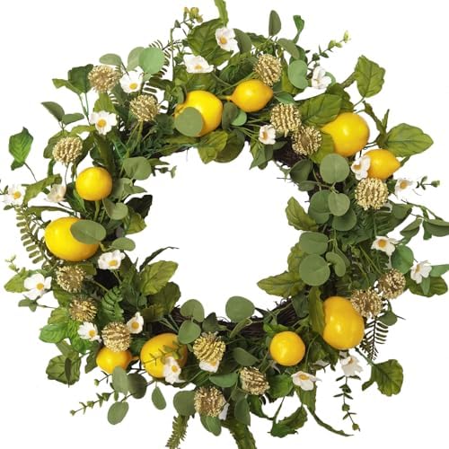 Idyllic 22 Inch Summer Lemon Wreath with Green Leaves