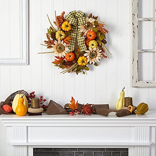 Nearly Natural 24in Fall Pumpkin Sunflower Wreath with Ribbon