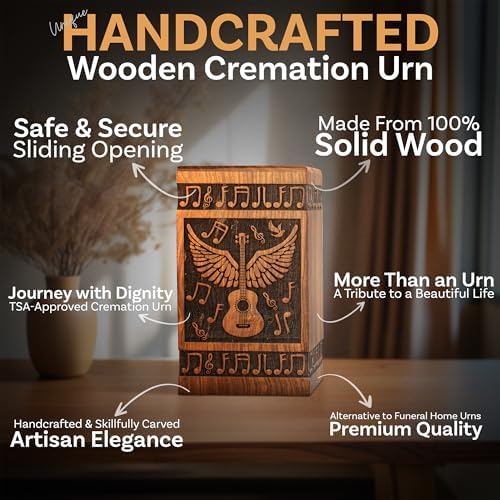 Handcrafted Wooden Cremation Urn with Angel Wings and Musical Notes