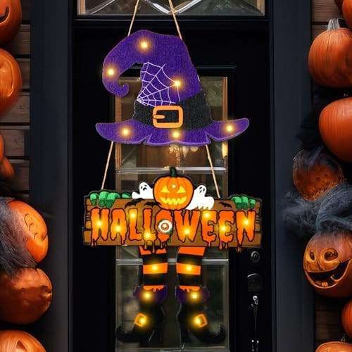 LED Halloween Witch Door Sign with Light Up Design