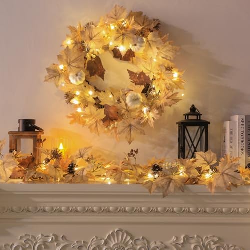 Realistic Fall Wreath with Timer Lights 22 Inch