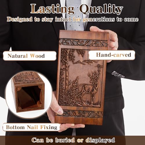 Wooden Cremation Urn with Engraved Deer Design