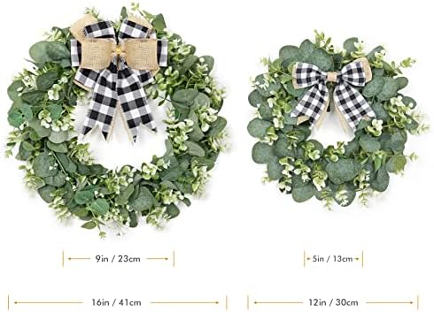 Dremisland Buffalo Plaid Wreath 16 Inch Artificial Eucalyptus Wreath with Plaid Bow