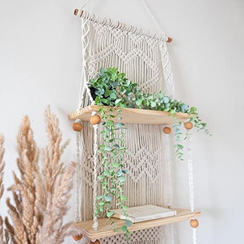 SnugLife 3 Tier Macrame Wall Shelf - Floating Plant Hanger with Pine Wood