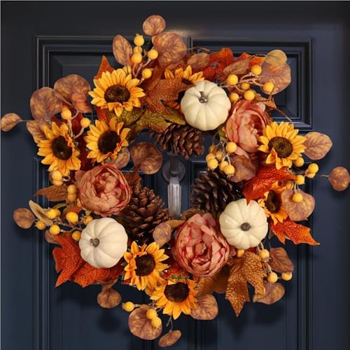 Pudate Artificial Fall Autumn Wreath 22 Inches