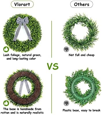 Vlorart 32 Inch Faux Boxwood Wreath with Plaid Bow