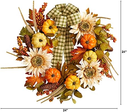 Nearly Natural 24in Fall Pumpkin Sunflower Wreath with Ribbon