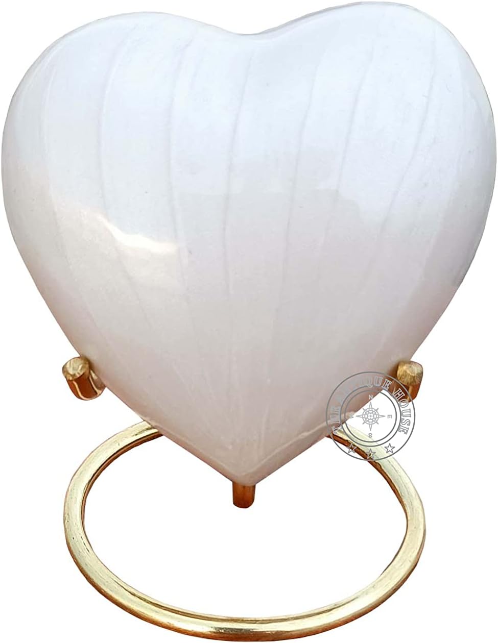 White Cremation Urn Heart with Brass Stand and Black Box