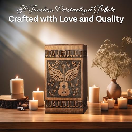 Handcrafted Wooden Cremation Urn with Angel Wings and Musical Notes
