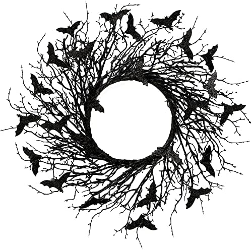 Sggvecsy 177 Inch Black Twig Wreath with Glitter Bats
