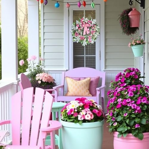 Romantic Lambs Ear Wreath for Front Door with Hot Pink Ribbon