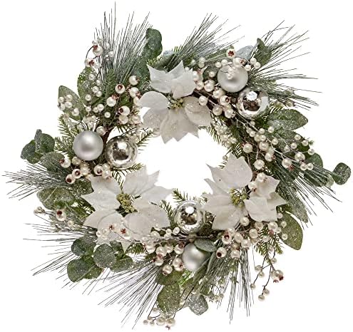 Boston International 26-Inch Winter Wreath with White Poinsettia and Silver Ball